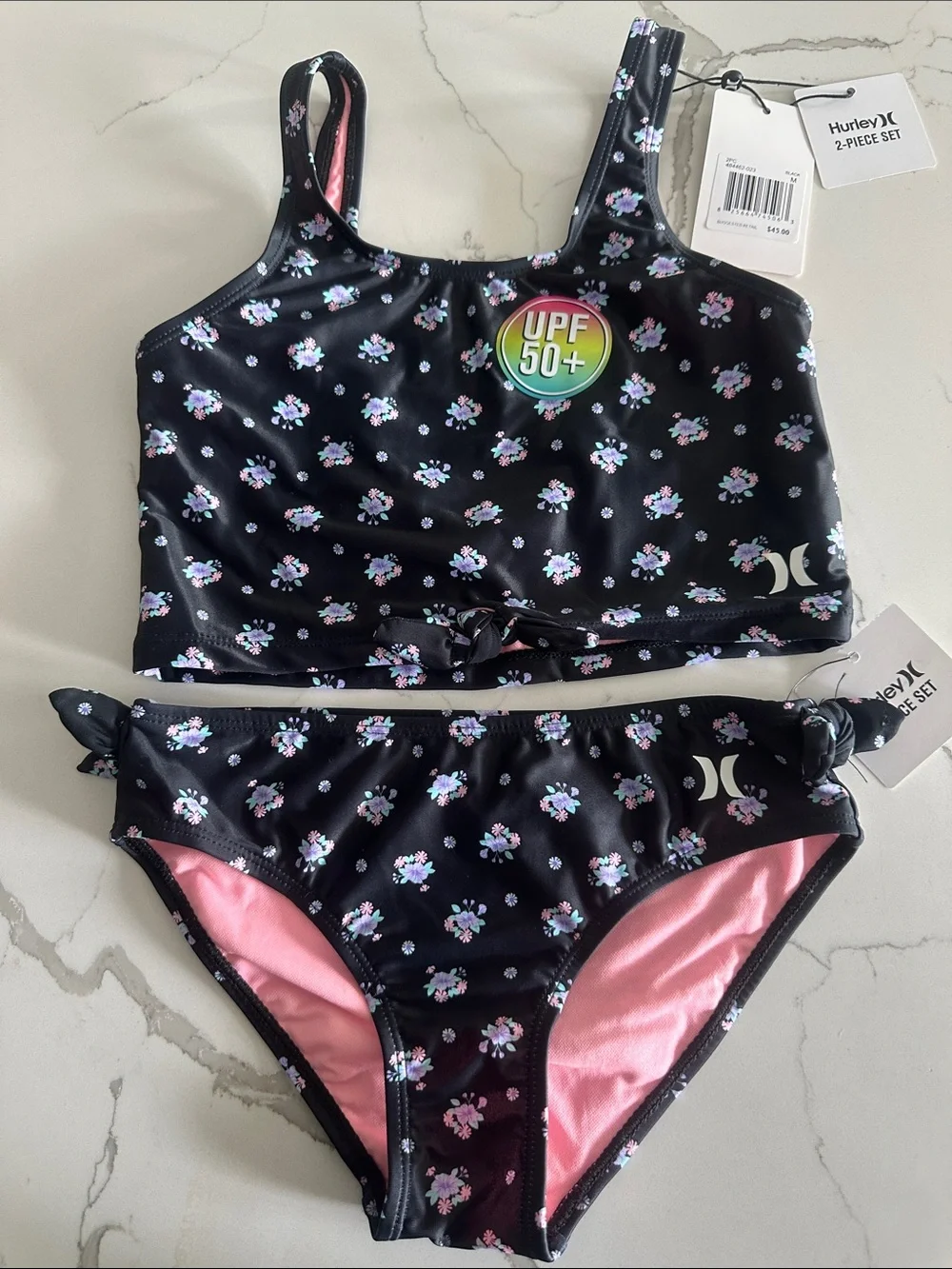 Hurley Girls Black Floral Two-Piece Swim Set with Pink Lining